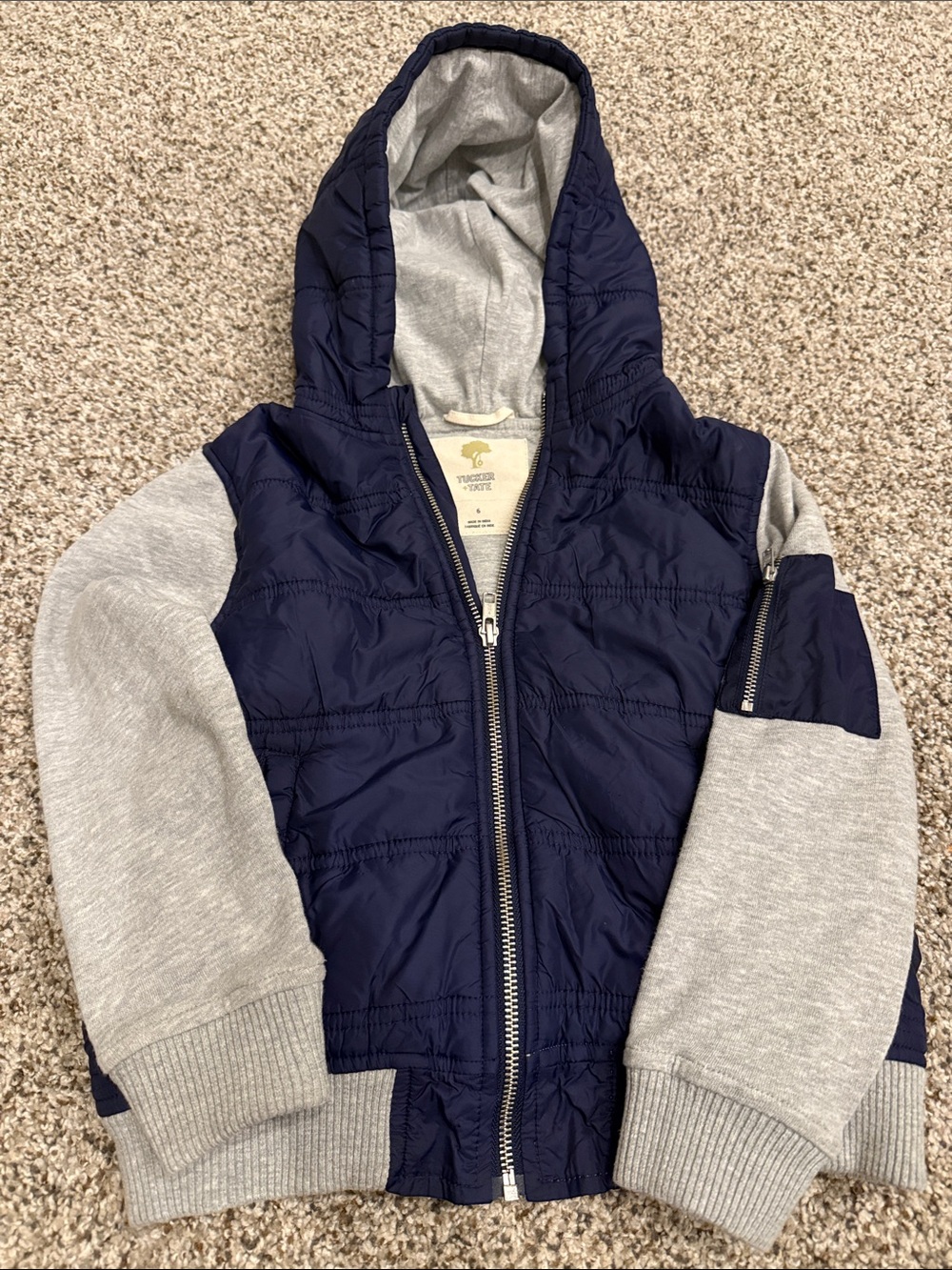 Tucker + Tate Navy Quilted Hooded Jacket with Heather Gray Sleeves